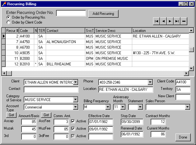 Recurring Billing Setup Screen